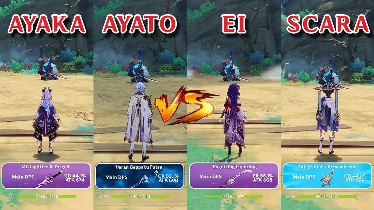 Wanderer vs Ayato vs Raiden vs Ayaka!! who is the best DPS?? DPS gameplay comparison!! thumbnail