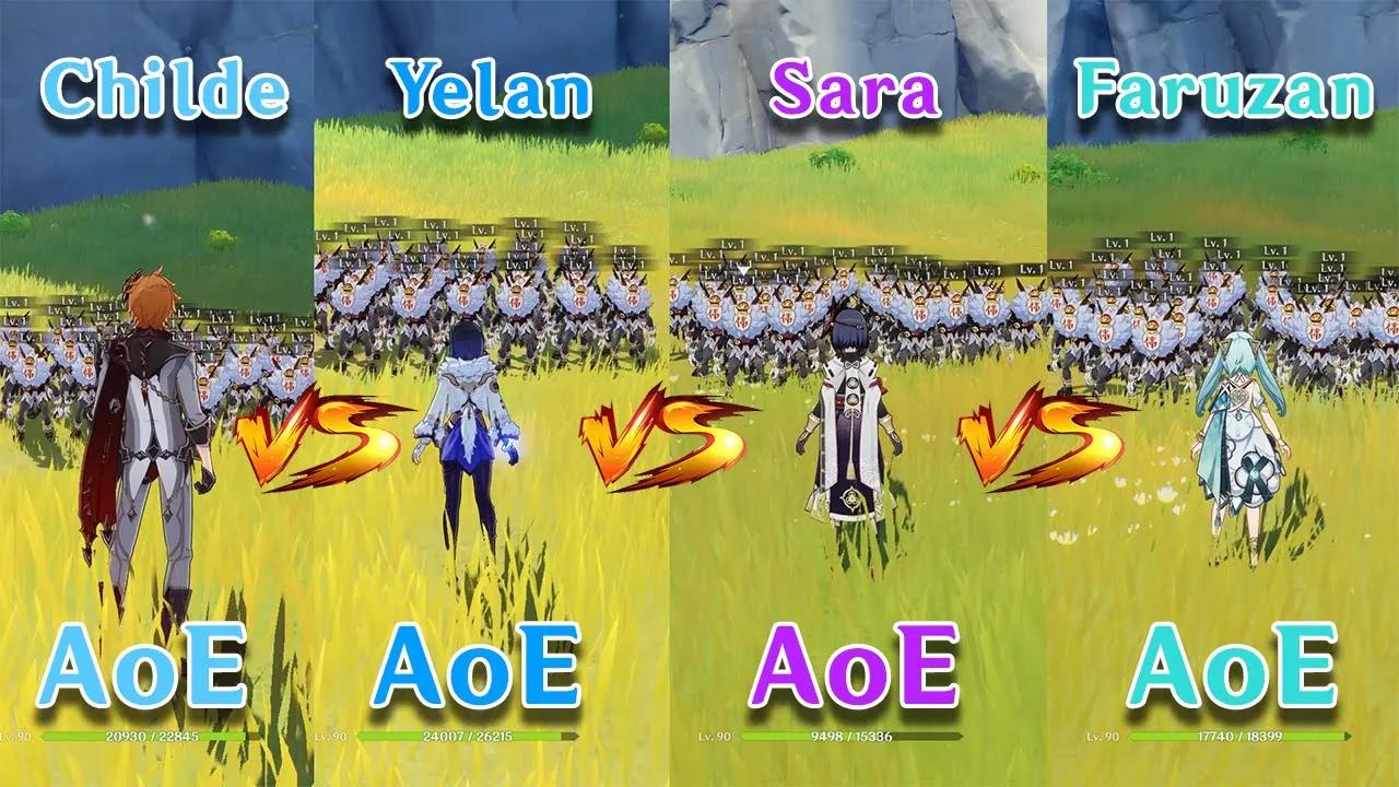 Faruzan vs Yelan vs Childe vs Kujou sara! which one is the best AoE?? Gameplay COMPARISON! thumbnail