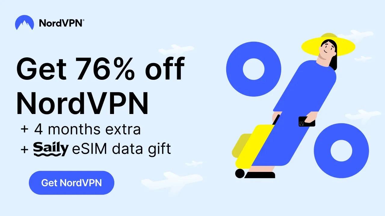 Buy NordVPN, get mobile data as a gift! Save 76% on NordVPN + get 20GB of eSIM data from Saily 🎁 thumbnail